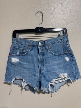 Levi's 501 Light Blue Distressed Denim Shorts